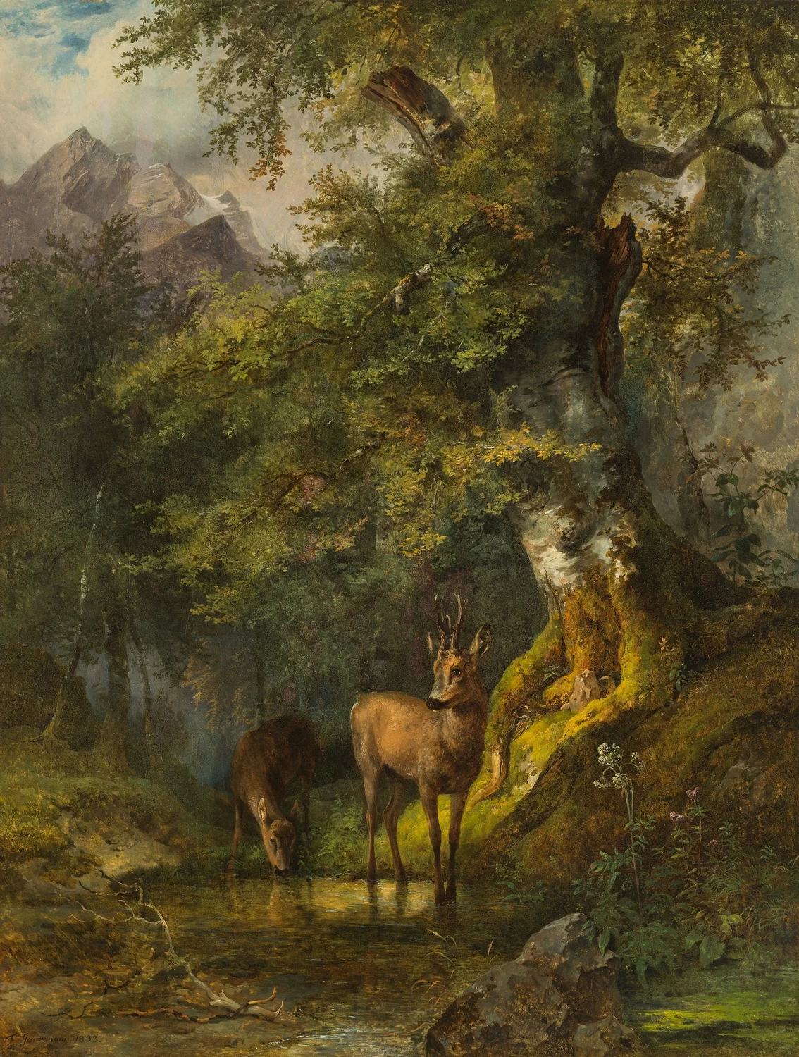 Paesaggio forestale con due cervi allo stagno, 1833